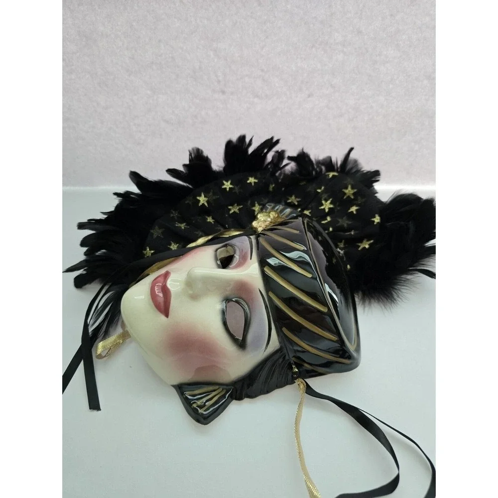 Vintage Venetian Ceramic Masquerade Mask Black Feathers Gold Stars Hand Painted